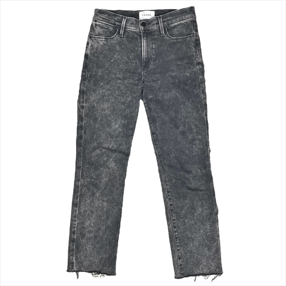 FRAME Le High Straight Raw Edge Jeans in Rockstar Acid-Washed Black Size 26